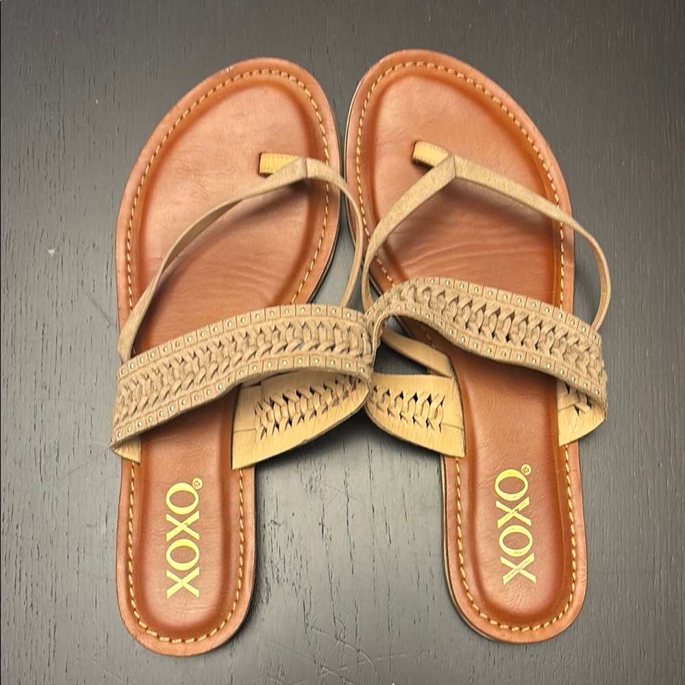 Like New XOXO Tan Sandals with Braided Strap Design